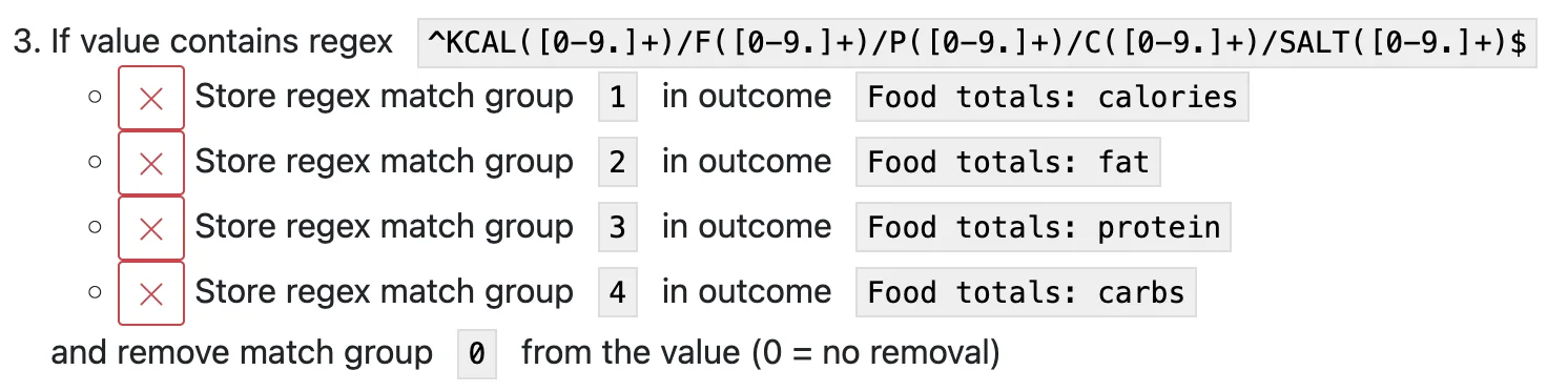 'Match regex' step to extract food totals